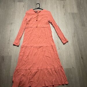 Refka Long Sleeve Tiered Maxi Dress in Coral with Lace-Up Neckline